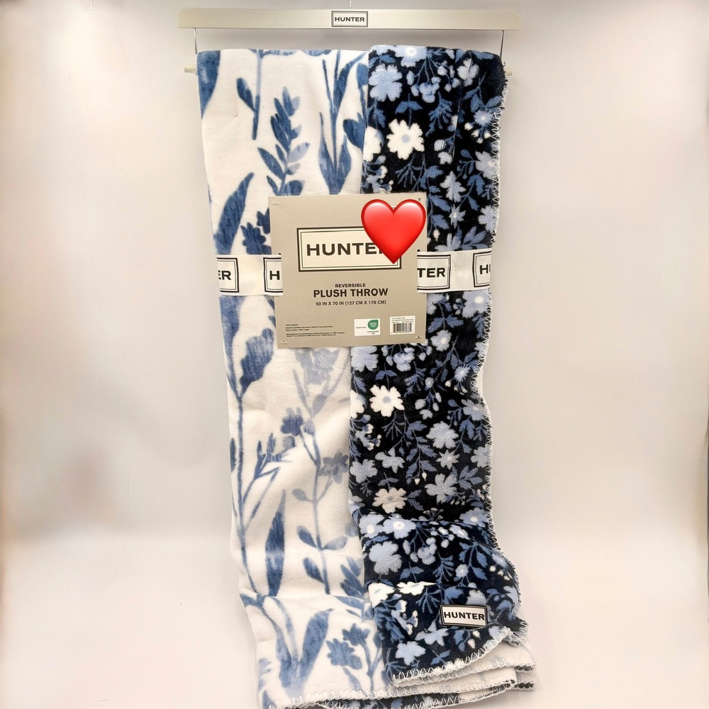 Hunter Reversible Plush Throw Blanket Floral Blue White 50x70 Mother's Day Gift